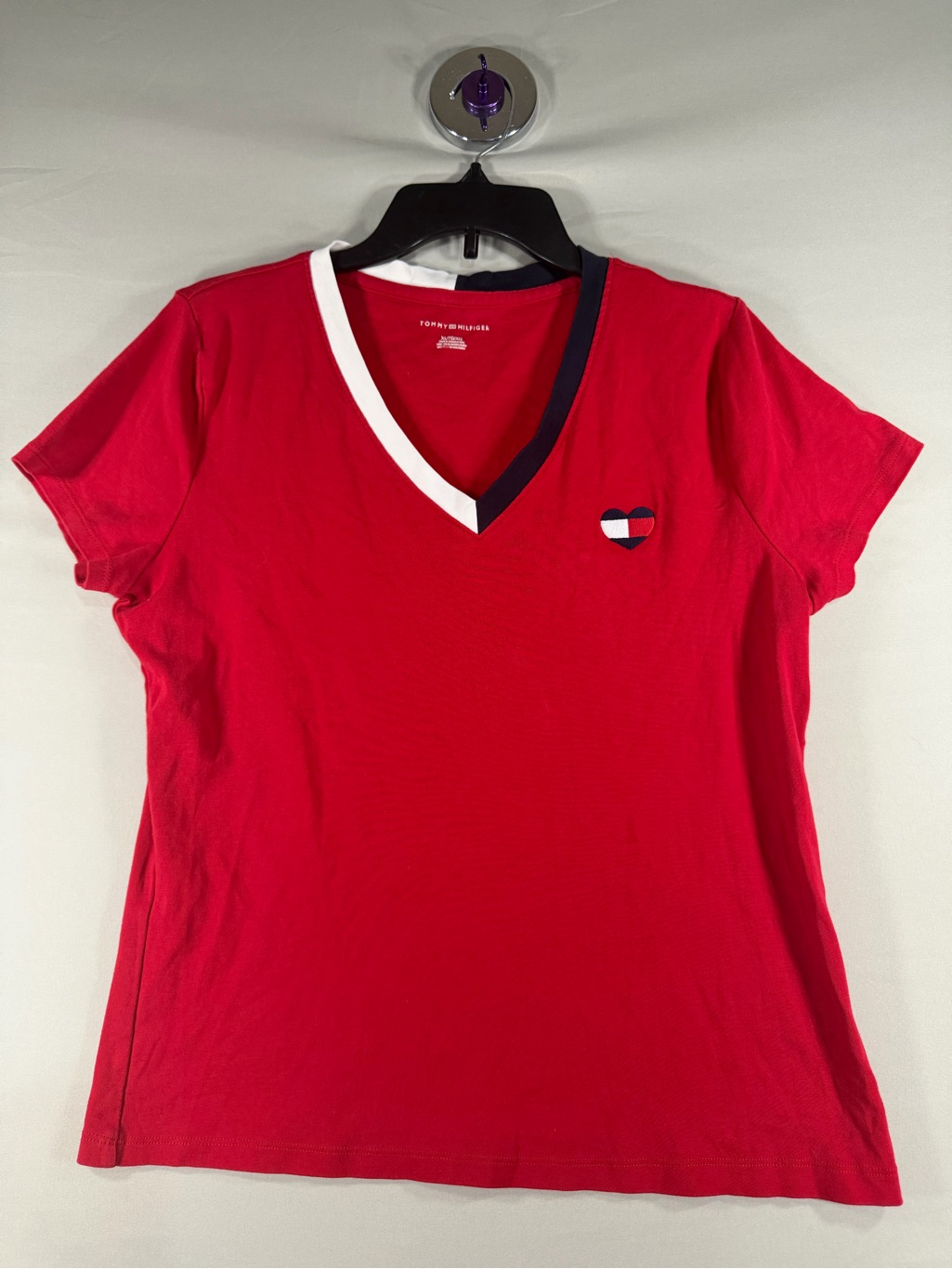 Tommy Hilfiger Red Short Sleeve V-Neck Tee With Contrast Trim